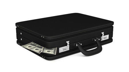 render of a black leather briefcase filled with money の写真素材