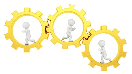 render of 3 human running inside gold gears の写真素材