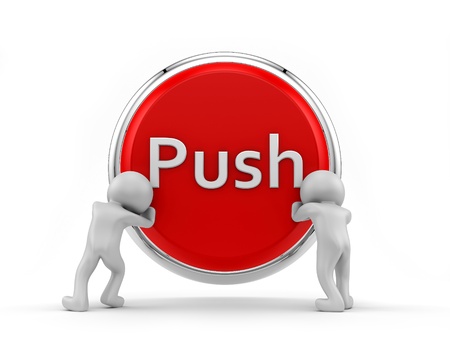 render of 2 human pushing big button 