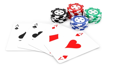 render of 4 aces and casino chips, isolated on white 