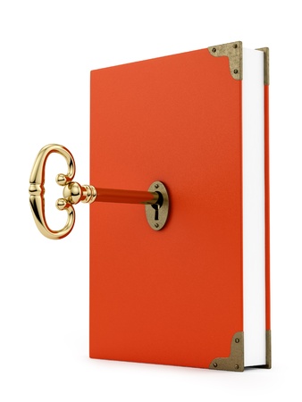 render of a key in a book, isolated on white の写真素材