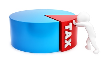 render of a man pushing tax slice, isolated on white の写真素材