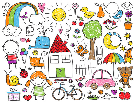 Collection of cute children's drawings of kids, animals, nature, objects Collection of cute children's drawings of kids, animals, nature, objects