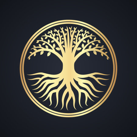 golden elegant tree with roots in circle stylized signのイラスト素材