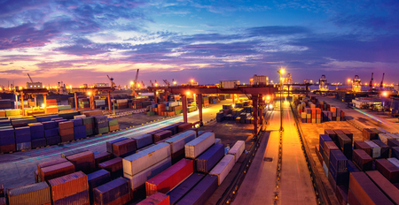 A busy container terminal at night