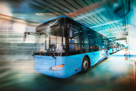 New energy electric bus arranged in the workshopのeditorial素材