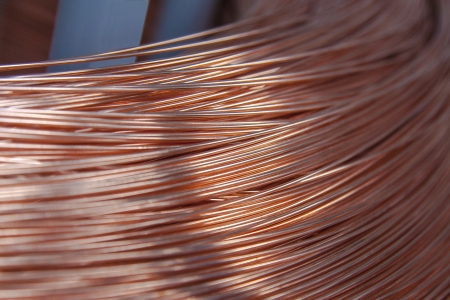 Copper wire spool in factoryの写真素材