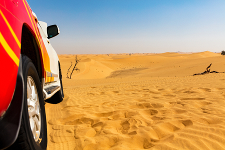 Off road vehicle in desert sand dunes, UAEの写真素材