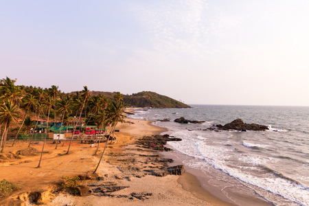 Vagator and Ozran beach at sunset, Goa, Indiaの写真素材