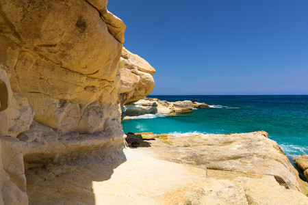 Rocky blue beach on the east coast of Valletta, Maltaの写真素材