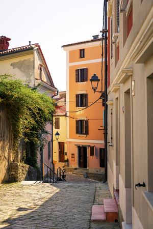 Houses in the resort city of Piran, Sloveniaの写真素材