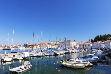 The Slovenian resort city of Piran on the Adriatic coastの写真素材