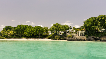 Pristine tropical beach with palm trees and white sand, Barbadosの写真素材