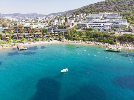 Aerial view of sunny Bodrum with resorts and beachfront villas, Turkeyの写真素材