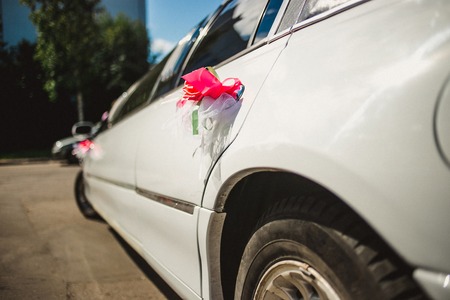 wedding  white limo car  decoration. Look behind-sideways.の写真素材