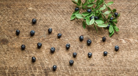Composition with blueberries, red currant with leaves in the old wooden impressive boards. Natural light shadows.の写真素材