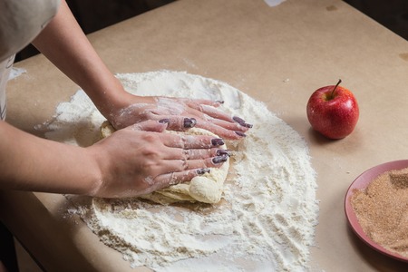 Preparation cookies with cinnamon, cottage cheese and apples on kraft paper. Female hands rolling dough in meals. Homemade pastries. Christmas tradition baking, cakes biscuitsの写真素材