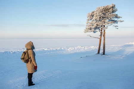 Young female hiker with backpack enjoying view to frozen sea with beautiful pine tree. Beloe sea, Russia.の写真素材
