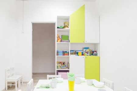childrens dining room bright lime colored interiorの写真素材