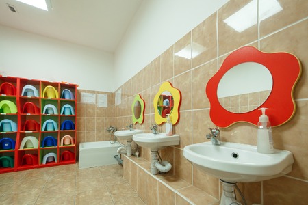 Childrens bathrooms and individual towels of a kindergartenの写真素材