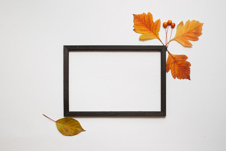Autumn composition, Flat lay. Wooden photo frame with fresh autumn leaves on white background with...