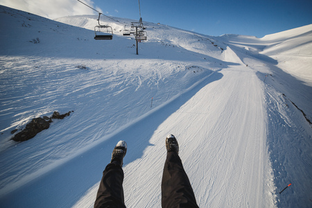 Closeup of legs, shot from ski liftの写真素材