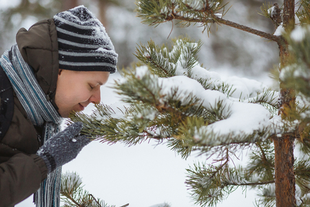 Young man sniffing a pine branch in winter forest. Concept of res, aromatherapy, healthy lifestyle, harmony with natureの写真素材