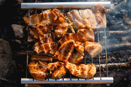 Chicken Meat on fire camp. Portable Stainless Steel BBQ Grill hiking concept. cooking on wild nature.の写真素材