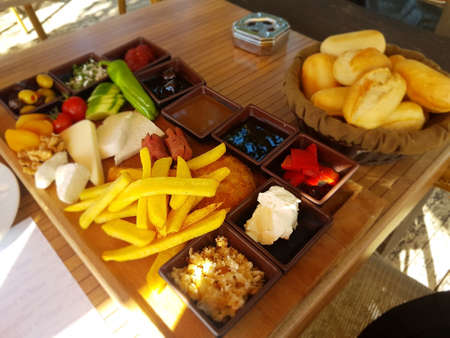 Turkish breakfast in street restaurantの写真素材