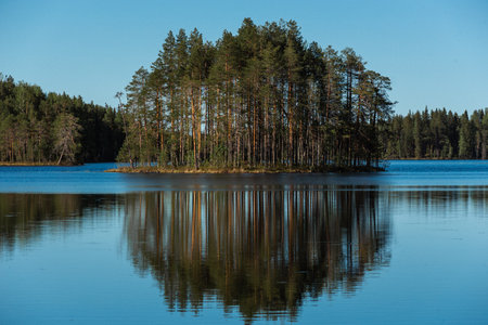 Beautiful symmetrical pine island with reflection in the lake.の写真素材