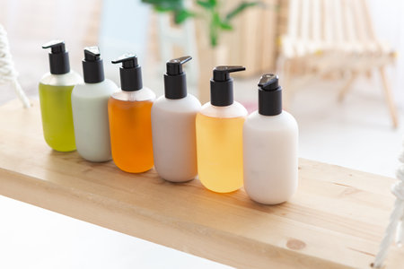 Colorful Shampoo bottles on light wooden table.の写真素材