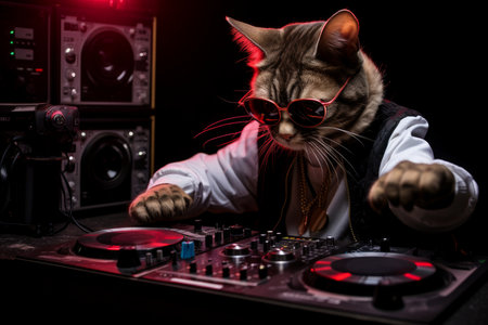 Cute cat DJ playing music on a nightclub with headphones and dancingの素材