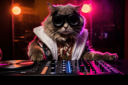 Cute cat dj playing music at night club. Cat in sunglasses and a hoodie.の素材
