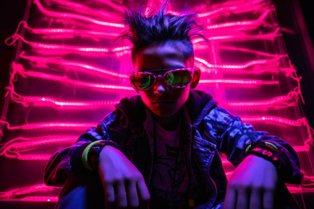 Portrait of a handsome young Asian man in neon light.の素材