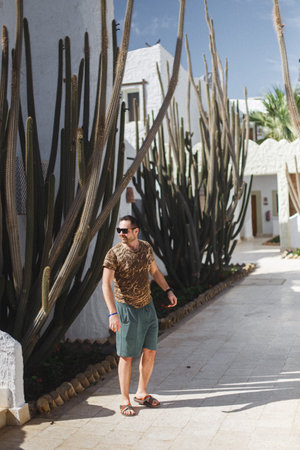 A fashionable man strolls through a cactuslined pathway in a warm, sunny place, enjoying the ambianceの写真素材