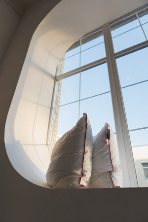 Two fluffy pillows are comfortably resting on a spacious window sill, directly in front of a large,...