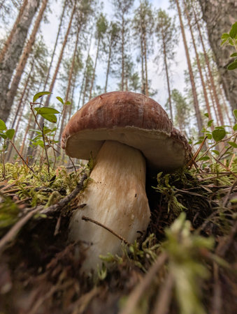 A stunning close-up of a mushroom growing in a serene forest, surrounded by tall trees and soft greenery.の写真素材