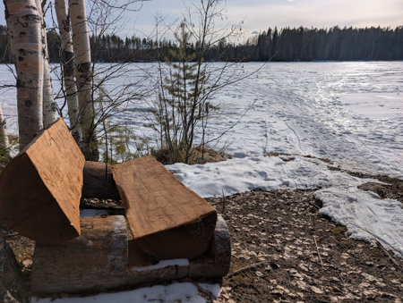 A rustic wooden bench overlooking a tranquil lake in winter, surrounded by trees and snow, perfect for relaxation in nature.の写真素材