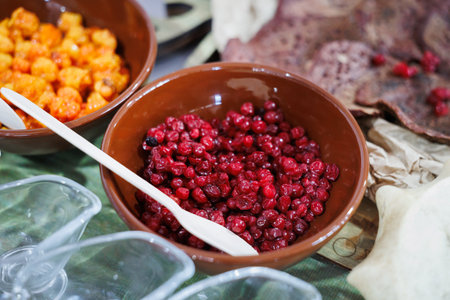 A colorful and vibrant display of fresh berries alongside delicious snacks in rustic bowls, ideal for food photographyの写真素材