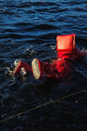 Red Survival Suit Floating At Dusk, Tether Line Visible, Reflective Fabric Catching Low Light, Dark Oceanの写真素材