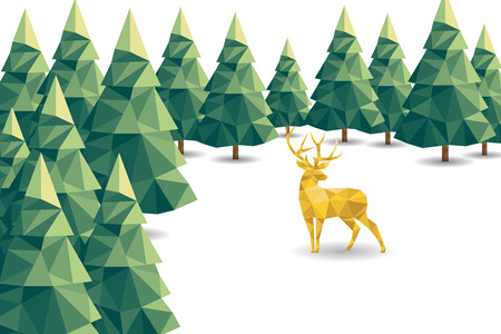 Low poly Christmas scene with reindeer and pines, Vector illustrationのイラスト素材