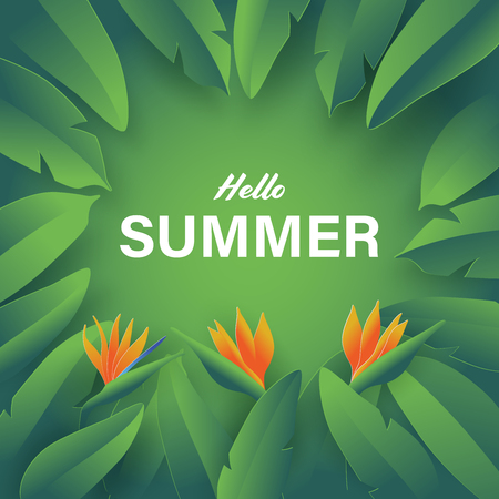Summer vector banner design with strelitzia and leaves. Square template in paper art style. Vector illustration.のイラスト素材