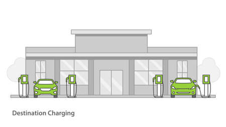 Electric car charged frome the charging station in parking lot of shopping center.vector illustration.Minimal Technology concept.のイラスト素材