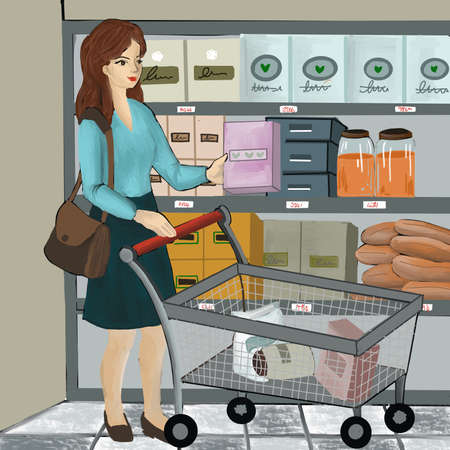 A woman shopping with a shopping cart at the grocery storeのイラスト素材