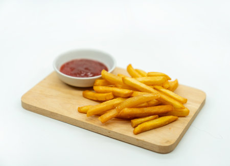 French fries and ketchup on a wooden board with a white background.
