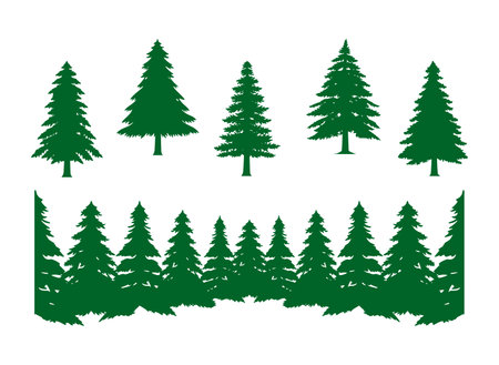Forest silhouette clipart vector of pine tree christmas, collection set isolated on white background.のイラスト素材