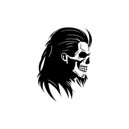 Skull head logo with long hair of cranium face silhouette Clipart  vector, halloween symbol, Calavera icon, skeleton tattoo. isolated on white background.のイラスト素材