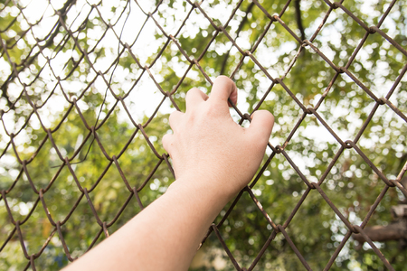 Close up of hand holding iron fenceの写真素材