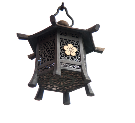 Close up of retro japan iron lantern on white background isolatedの写真素材