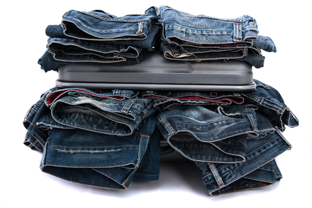 Old japan jean in luggage  on white background isolated.の写真素材